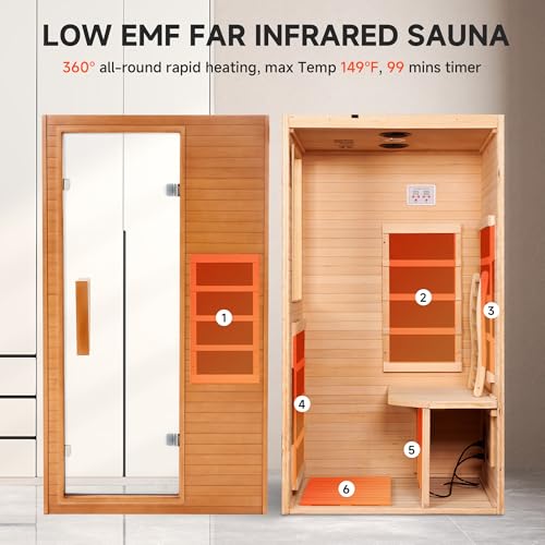 Real Relax Infrared Home Sauna Room 1 Person, Compact Hemlock Wooden 950W Low EMF 6 Heating Plates FAR Infrared Indoor Sauna for Home