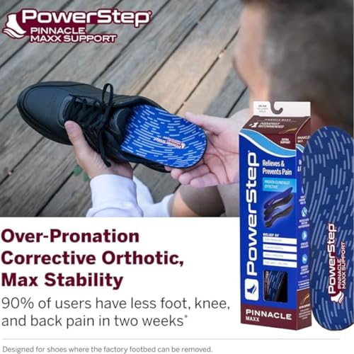 PowerStep Pinnacle Maxx Orthotic Insoles, Maximum Stability & Comfort, Firm & Flexible Angled Heel, Flat Feet & Overpronation, Heavy Duty Shoe Inserts for Men & Women, Made in USA (M 11-11.5)