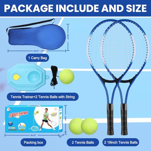 Kids Tennis Rackets Training Set - 7-in-1 Youth Tennis Racket Set, 2 pcs 19″ Rackets,1Tennis Trainer & 2Rebound Balls&1tennis Ball,Tennis Racquet Set for Beginners & Family Activities (Blue)