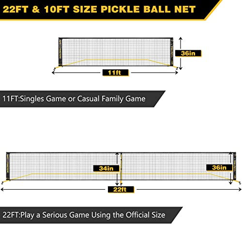 Portable Pickleball Net Set with Wheels, Regulation Size 22 FT & Half Court 11 FT, Steady Metal Frame Pickle Ball Net Set System with Carry Bag for Backyards, Driveways, and Garages (Black&Yellow)