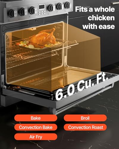 VEVOR Gas Range Oven, 36 Inches Width, Freestanding Stainless Steel Stove and Oven with 6 Sealed Cooktop Burners, Easy Reach Racks, Halogen Light, 6.0 Cu. Ft. Capacity, for Home Apartment Kitchen