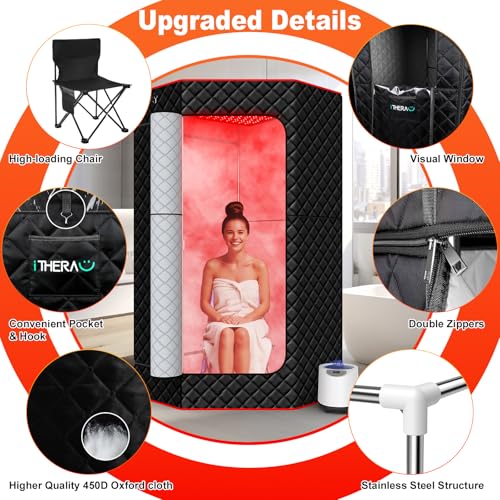 XL Infrared Sauna Box with True 660 & 850nm Red Light Therapy Lamp, Portable Red Light Sauna for Home, Full Body Steam Tent with 3L 1200w Steamer, 15 Levels Heat, Chair, Remote