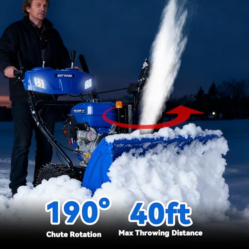 BILT HARD 28 Inch Gas Powered Snow Blower with Electric Start, 2-Stage Self-Propelled Snow Blower with 302cc Engine, Steering Control and LED Light, Self Propelled Snow Removal Equipment
