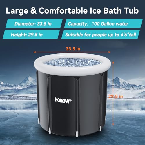 HOROW Ice Bath Cold Plunge Tub with Cover, Multiple Layered Portable Ice Bath Plunge for Cold Water Therapy and Recovery, Indoor & Outdoor Use for Athletes & Adults, 100 Gallons, Black, Round