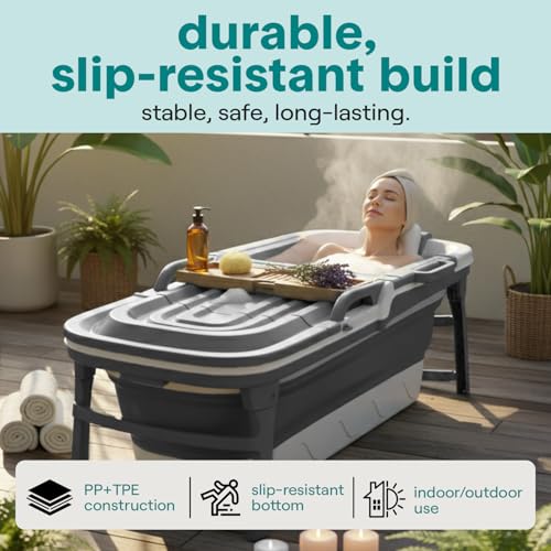 Serenelife 59" Portable Bathtub for Adults – Large Foldable Ice Bath Tub for Cold Plunge & Hot Spa, Freestanding Soaking Tub for Indoor/Outdoor, 440lbs Capacity, Polypropylene, Dark Grey