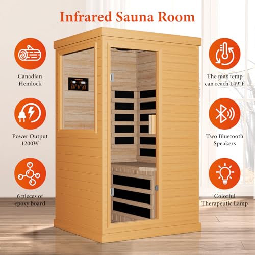 OUTEXER Far Infrared Sauna Home Sauna Spa Room Canadian Hemlock Wood 1200W Indoor Saunas Low EMF 110V with 7 Color Light and Tempered Glass Door, Room: 35.2 * 27.6 * 61.6Inch