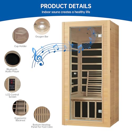 RESTISLAND Infrared Sauna Room for Home, Near Zero EMF Wooden 1 Person Indoor Home Sauna with Bluetooth, LCD Control Panel, Chromo Therapy Light