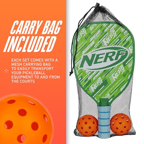 NERF 2 Player Pickleball Paddle Set - Youth Pickleball Equipment Set - (2) Wooden Paddles with Foam Grips + (2) Outdoor Balls for Kids - Carry Bag Included