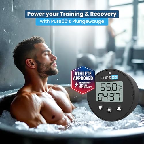 Pure55 PlungeGauge 3-in-1 Cold Plunge Thermometer with Clock & Timer - Ice Bath Water Thermometer with Easy 3-Button Control - Floating Design & IPX7 Waterproof with Audible Beep & LED Indicators