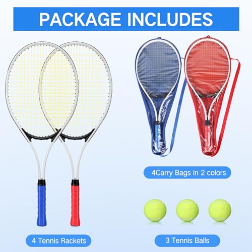 Motionchic 4 Pcs Tennis Rackets for Adult Recreational 4 Players 27" Tennis Racquet Lightweight Tennis Racket with 3 Tennis Balls for Training Beginners with Overgrips Carry Bag (White)