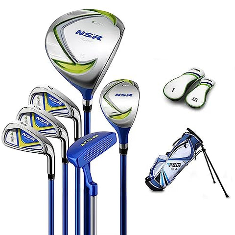 PGM Golf Club Set - 9 Pieces Junior Complete Golf Club Set for Kids Children - Right Handed - Driver(#1), Hybrid, Iron(#7,#9,#S), Putter, Golf Stand Bag