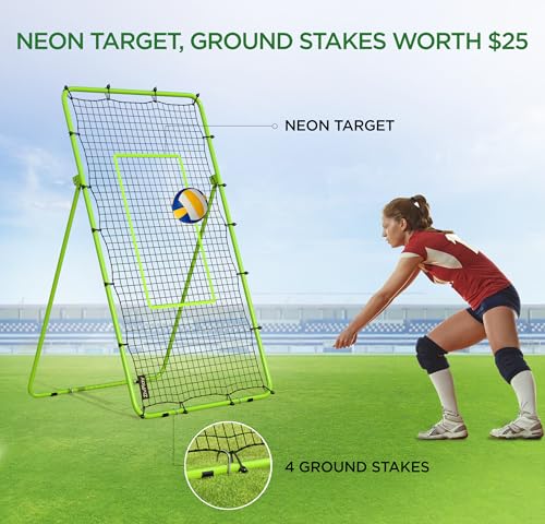 Volleyball Rebounder Net Lacrosse Rebounder Bounce Back Equipment with 5 Adjustable Rebound Angles Ground Stakes Neon Strap for Lacrosse Training and Volley Ball Practice 7x4 ft Color Green