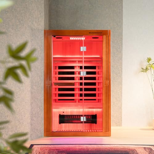 Woodbridge Infrared Home Sauna Room 2 Person Japanese Cedar Indoor Sauna with 7 Carbon Heaters, Red Light Therapy, Bluetooth Speaker, Intelligent Control Panel, Tempered Glass & Top Vent