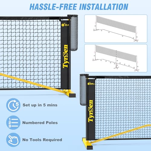 TYRSEN Portable Pickleball Net for Driveway, 22 FT Regulation Size & 11 FT Half Court Size Pickleball Net with Ball Collector, 2-in-1 Pickle Ball Net with Carry Bag for Outdoor Indoor Garages