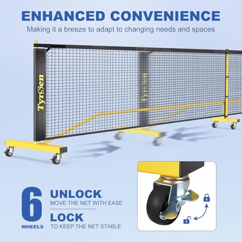 TYRSEN Pickleball Net Set - 22FT Net on Wheels, 4 Paddles, 6 Balls, 12 Court Markers, 1 Bag, Indoor/Outdoor Play