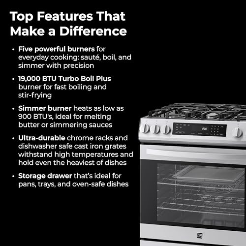 Kenmore 2276843 5.6 cu. ft. Front Control Gas Range Oven with 5 Burners - Fan Convection, Air Fry, Self Clean, Turbo Boil+, Chrome Racks, Cast Iron Grates, Wok Ring, LP Kit - Stainless Steel