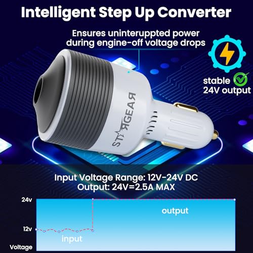 STARGEAR Starlink Mini Car Adapter 12V to 24V DC Step Up Converter with 60W Car Cigarette Lighter Adapter, Starlink Mini 12V Adapters Supports 16 AWG Official 30M, Ideal for RV, Boat, Trailer