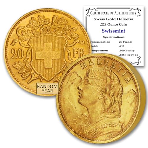 1897-1935 (Random Year) CH Swiss Gold Helvetia Coin About Uncirculated with Certificate of Authenticity 20 Francs AU