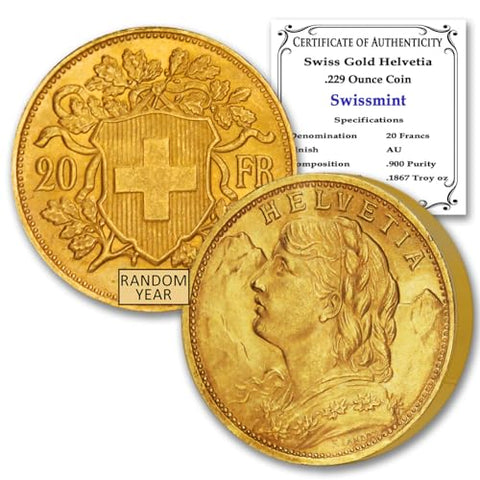 1897-1935 (Random Year) CH Swiss Gold Helvetia Coin About Uncirculated with Certificate of Authenticity 20 Francs AU