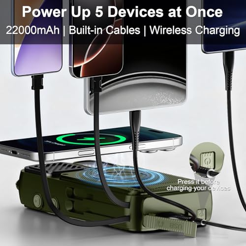 Emergency Radio&22000mAh Solar Power Bank, FM NOAA Weather Radio, Portable Hand Crank Bluetooth Radio, 20W Fast Charge Wireless Phone Charger, SOS Flashlight for Emergency/Home