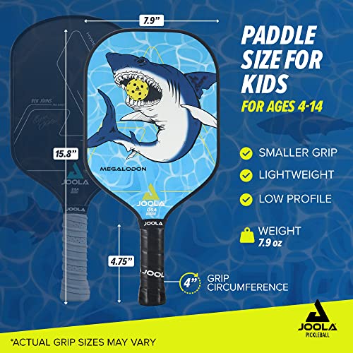 JOOLA Kids Pickleball Paddle - Megalodon Shark Edition - Youth Pickleball Paddle for Children - Lightweight Pickle Ball Racket with Small Grip, Pro Style 12mm Polymer Core & Fiberglass Face