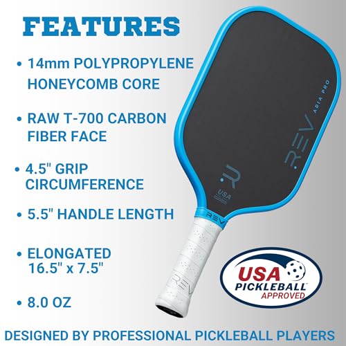 Rev Pickleball Pro-Performance Paddle - Pickleball Racket - Carbon Fiber Face - Thermoformed with Foam-Injected Walls - 14mm - 16.5"x7.5"- 8oz - USA Pickleball Approved - Aria Pro (Blue)