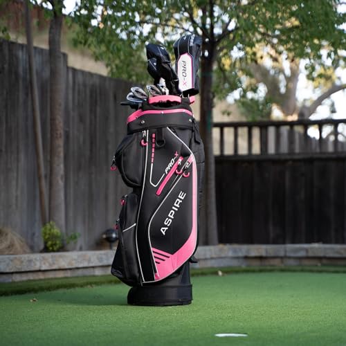 Aspire PRO-X 16-Piece Womens Golf Club Set, Includes Titanium F Driver, #3 Fairway Wood, 4-5 Hybrids, 7-SW Irons, Putter, Cart Bag, 4 H/C's, Golf Clubs Women Right Handed, Regular & Petite Sizes