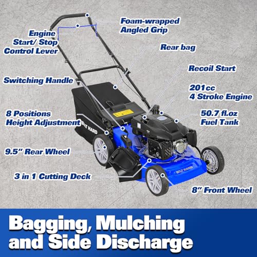 BILT HARD 21 Inch 201cc 4-Cycle Engine Push Lawn Mower, 3-in-1 Gas Lawn Mower with Bagging, Mulching and Side Discharge, Easy Start with Adjustable 8-Positions Cutting Height for Lawn, Yard, Garden