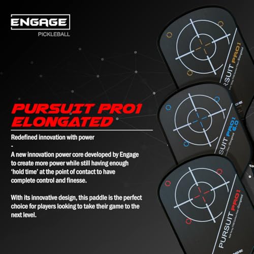 Engage Pursuit Pro1 Elongated Carbon Fiber Pickleball Paddle - 8.0 oz, 13mm MachPro Core, Raw Carbon Fiber, Made in USA (Fierce-Red, Elongated)