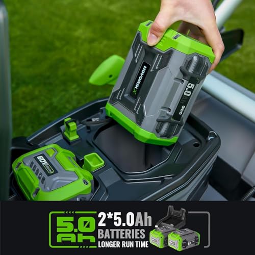 NovorikX 60V Self-Propelled Lawn Mower 21-Inch, Brushless Cordless Mower for Large Yards, Electric with LED Headlight, 2X5.0Ah Battery & Rapid Charger