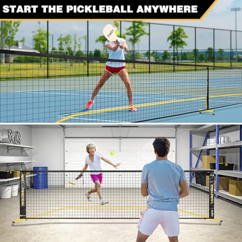 Pickleball Net with Wheels, Portable 2-in-1 Pickle Ball Net with Ball Collector,22FT Regulation Size & 11FT Half Court Size, Carry Bag, Steady Metal Frame for Outdoor Indoor Driveway (Black&Yellow)