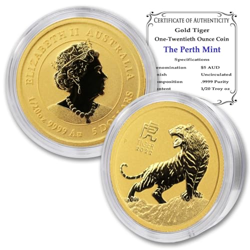 2022 P 1/20 oz Gold Australian Lunar Series III Year of the Tiger Coin Brilliant Uncirculated (BU) in Capsule with Certificate of Authenticity $5 BU