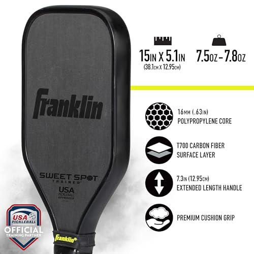 Franklin Sports Sweet Spot Training Pickleball Paddle - The Original Pickleball Trainer Practice Paddle - Mini Head + Extra Long Handle for Shot + Swing Training - 16mm Core + T700 Carbon Face