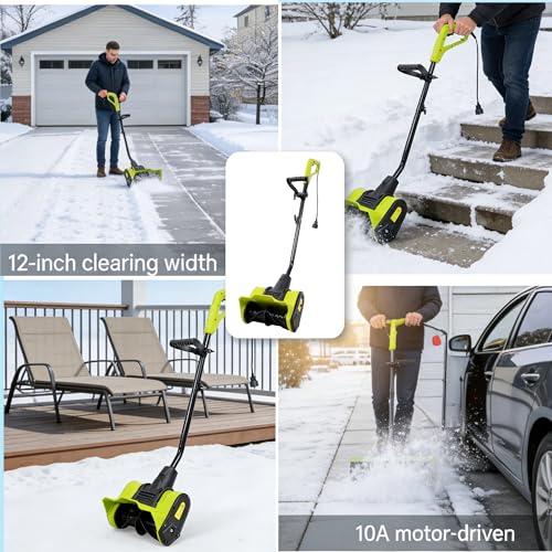 12 Inch Corded Snow Blower, 10 Amp Electric Snow Shovel,120V-60Hz Snow Thrower for Decks, Steps, Driveways & Walkways,ETL Certificate (12''Green)