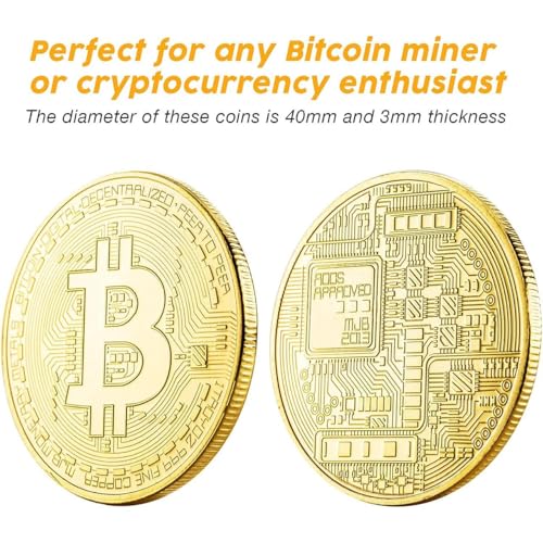 Naturiway 10 Pcs Bitcoin Coins, 24K Gold Plated, 3mm BTC Cryptocurrency Collectibles with Protective Case, Blockchain Decor for Home and Office