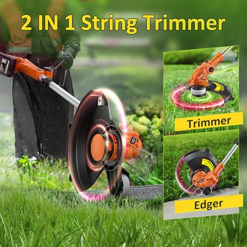 JAGROM Electric String Trimmer Cordless with 2x2.0Ah Battery, 20V Battery Powered 12-inch Lawn Mover & Edger Lawn Tool with Charger, Powered Grass Trimmer with 8pcs Spool Line for Yard, Garden, Orange