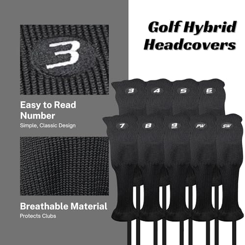 Majek All Hybrid Golf Club Black Sleek Tight Fit Headcover Set 3-SW Acrylic Head Covers 3 4 5 6 7 8 9 PW SW (Total of 9 Hybrid Head cover Set)
