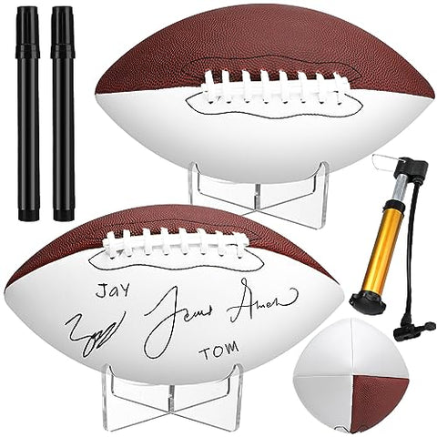 Liliful 2 Pcs Autograph Football Basketball Blank Official Size with 2 Stand 2 Signature Pen 1 Pump for Fantasy Trophy Anniversary Birthday Graduation(Size 9,3 Sides White Football)