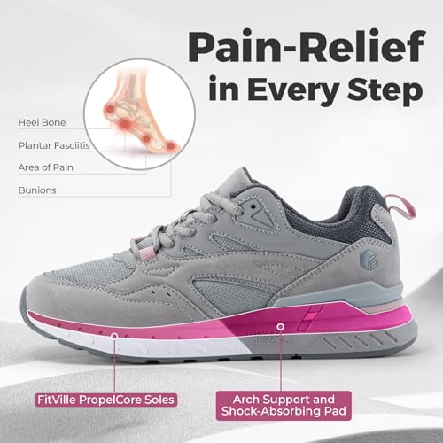 FitVille Womens Wide Width Sneakers Extra Wide Walking Shoes for Women for Flat Foot Plantar- Rebound Core V9 (7.5 X-Wide, Dove Grey)