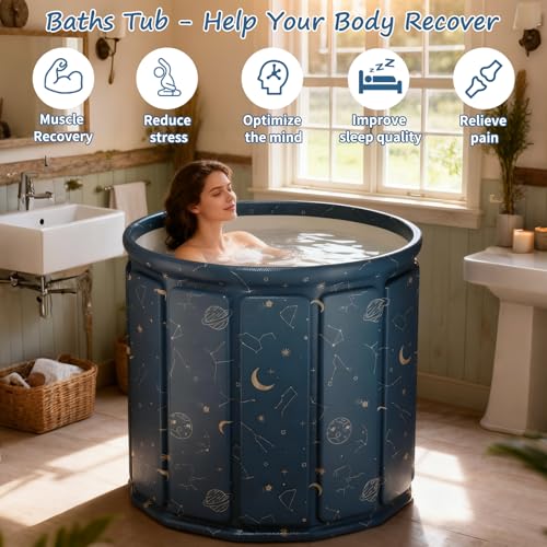 GENDLTHIJ Portable Foldable Hot Cold Bath Tub, Large Portable Hot Cold Bath Tub for Home Outdoors Gyms, Collapsible Soaking Bath Tub for Shower (77Gal) (Blue Planet Insulation Set)