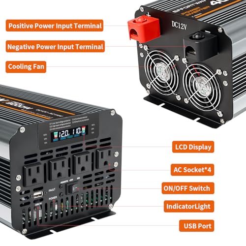 4000w Power Inverter DC 12V to AC 110V/120V Converter with 8000w Peak.Comes with LCD Display, Wireless Controller,4AC outlets 1USB.RV Inverter,Suitable for Camping,and Off-Grid Solar Inverter Systems
