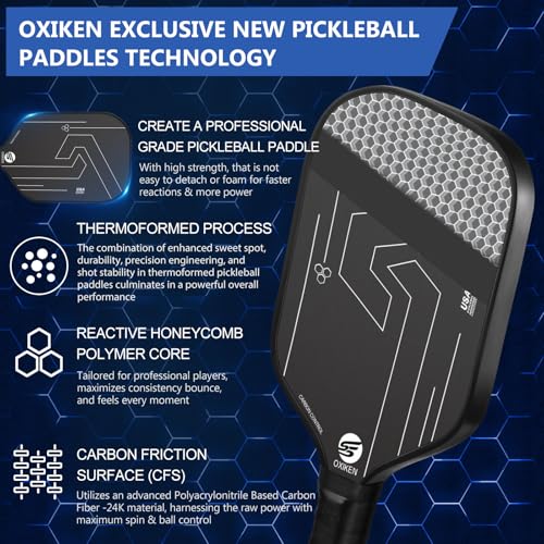 OXIKEN 16mm Pickleball Paddles, 2025 USAPA Approved, Frosted Carbon Fiber Surface (CFS), Polypropylene Lightweight Honeycomb Core with Cover Case Black, Ideal for Intermediate and Professional Players