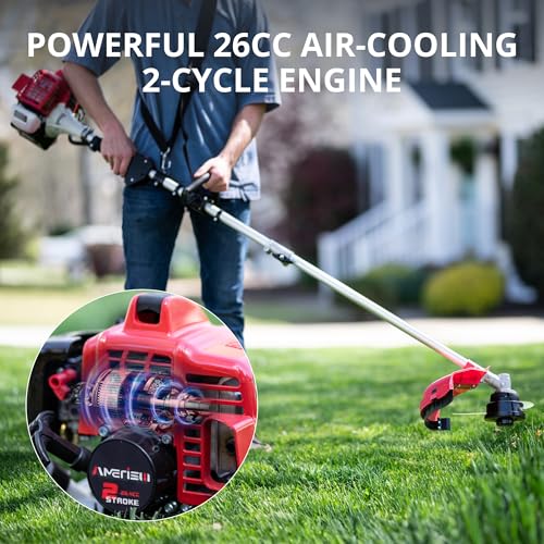 AMERISUN 26cc Gas Weed Wacker, Brush Cutter Trimmer Weed Eater 2 in 1, 2 Cycle Air-Cooled Engine 10'' Brush Blade 16'' Cutting Width with Rubber Handle & Shoulder Strap Efficient for Yard Garden
