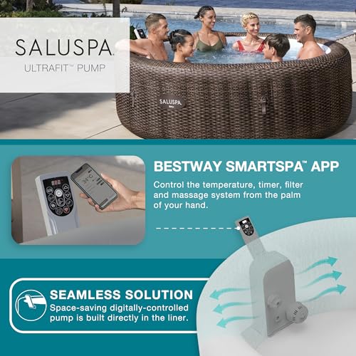 Bestway SaluSpa Bali Smart AirJet Inflatable Hot Tub Round Portable 5-7 Person Spa with 180 AirJets, App Control and EnergySense Cover, Brown Rattan