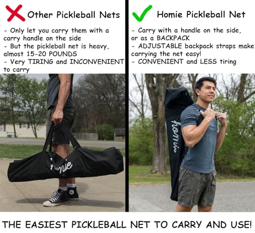 Homie Portable Pickleball Net Set with 4 Paddles, 4 Balls, Backpack Carrying Bag, 22 FT Regulation Size, Easy Setup for Outdoor Indoor, Weather Resistant Metal Frame