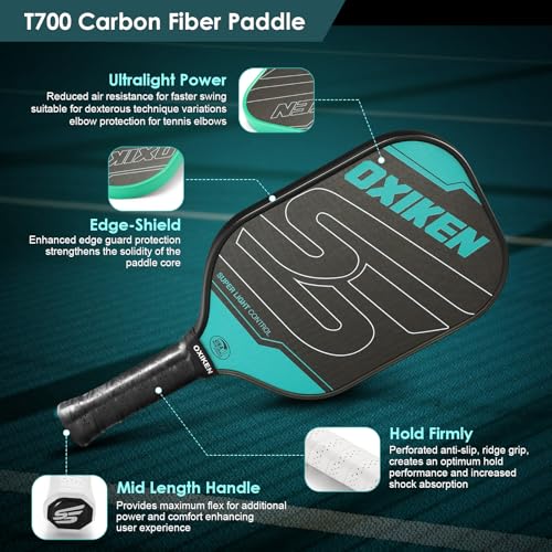 OXIKEN 16 mm Pickleball Paddles USAPA Approved T700 Carbon Fiber Surface (CFS) 8.3oz Pickle Paddle, Thermoformed High Grit & Spin, 5.5” Elongated Handle, Anti Slip Sweat Absorbing Grip with Cover Case