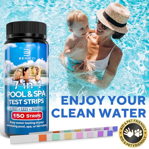 7-in-1 Accurate Pool Test Strips - 150 Hot Tub Spa Test Strips - Quick Pool Water Testing Kit - Bromine, pH, Hardness, Alkalinity, Chlorine & Cyanuric Acid - Perfect for Any Pools, Spa, Hot tubs
