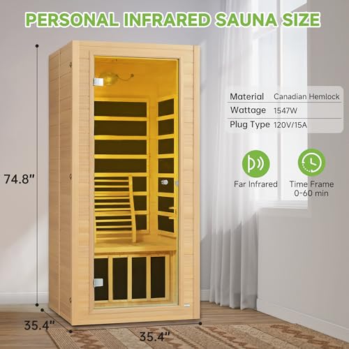 Real Relax Far Infrared Sauna for Home, 1 Person Indoor Home Sauna Low Emf, Canadian Hemlock Wooden Dry Saunas Room with Bluetooth Speakers, 9-Color Light Therapy, 1574w/110v for Personal Spa