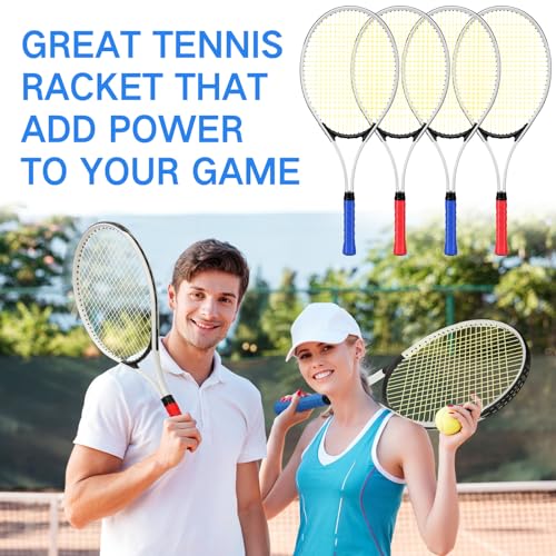 Motionchic 4 Pcs Tennis Rackets for Adult Recreational 4 Players 27" Tennis Racquet Lightweight Tennis Racket with 3 Tennis Balls for Training Beginners with Overgrips Carry Bag (White)