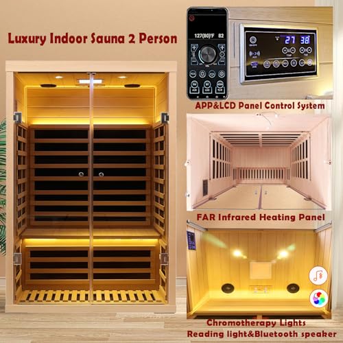 Smart App Control 2 Person Ultra Low EMF (＜5mG) Far Infrared Sauna for Home,1780W Hemlock Indoor Sauna Spa with Touch Panel, Insulation Cover, Bluetooth Speaker, Chromatherapy Light, Reading Light